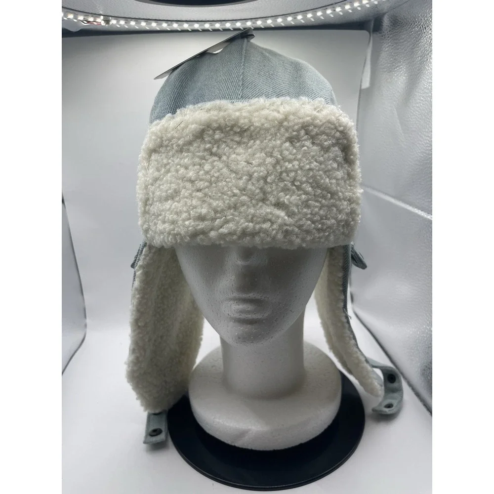 True Religion Mens Denim Trapper Hat Sheep Lined Winter Ski Trooper  New‎ H0170